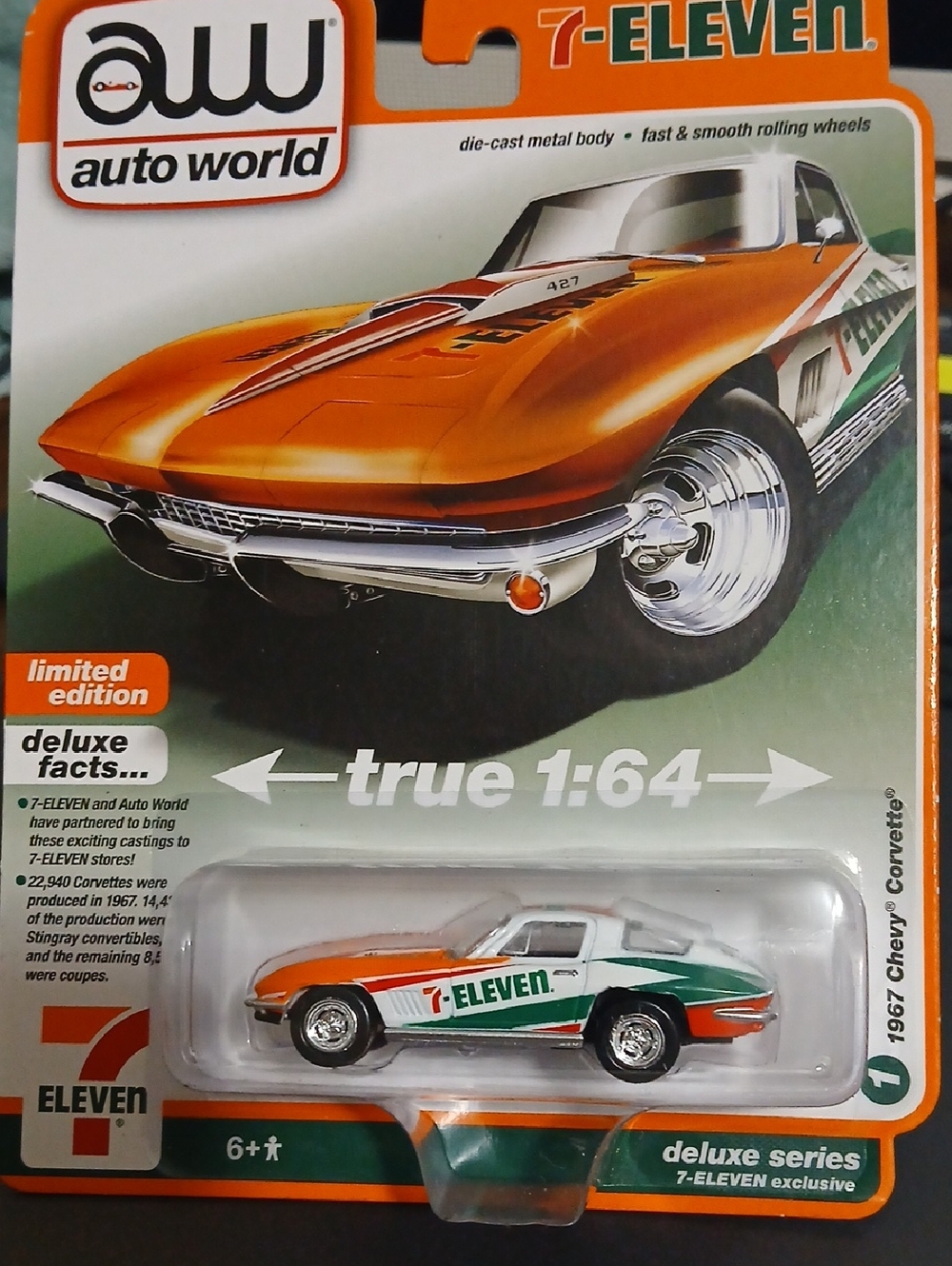 Auto World 7-Eleven 1967 Chevy Corvette Toy Car - Orange/White/Green